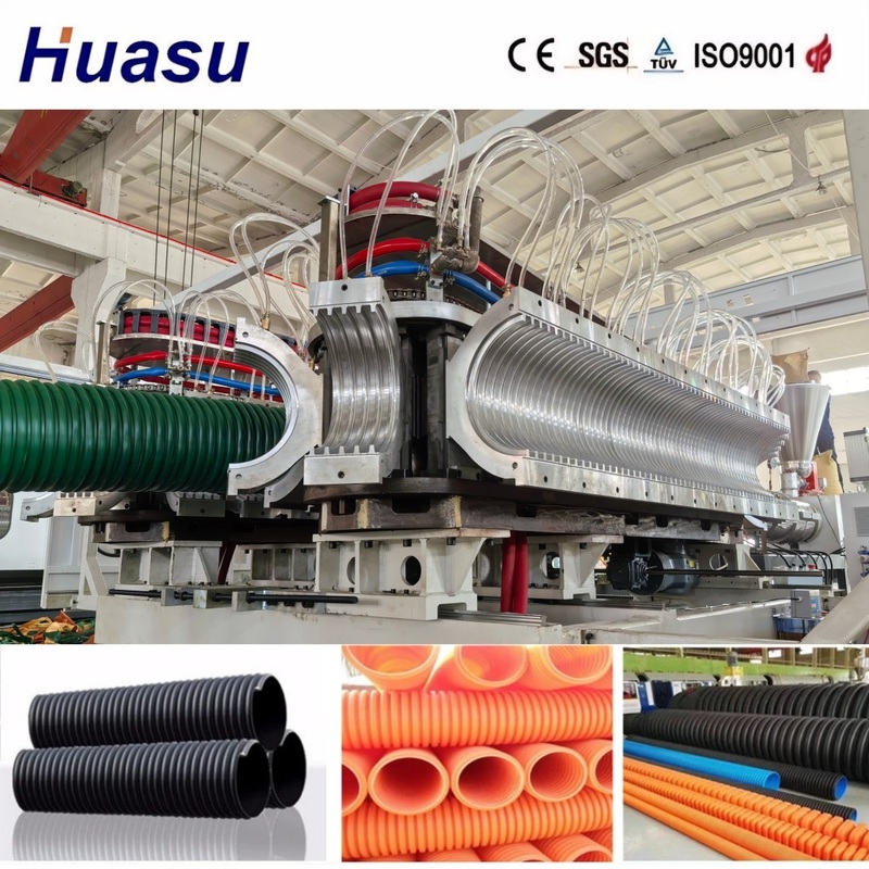 Linea di estrusione tubi DWC con diametro tubi 32-1600mm, velocità di produzione 0.5-5m/min e capacità 60-2000kg/h per materia prima plastica PVC/PE/MPP/PA/HDPE