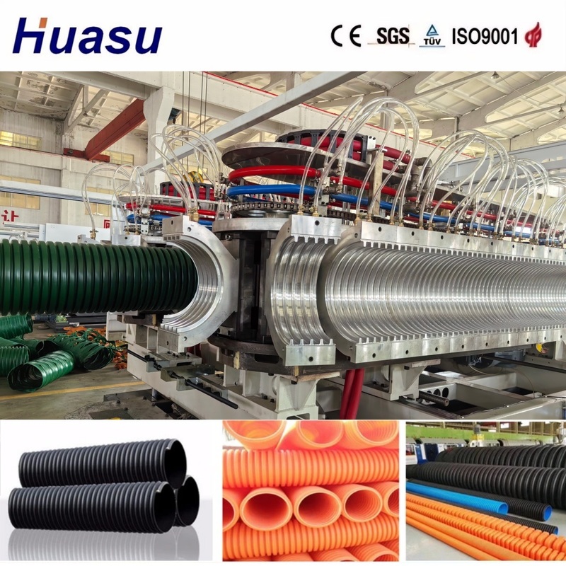 Linea di estrusione tubi DWC con diametro tubi 32-1600mm, velocità di produzione 0.5-5m/min e capacità 60-2000kg/h per materia prima plastica PVC/PE/MPP/PA/HDPE