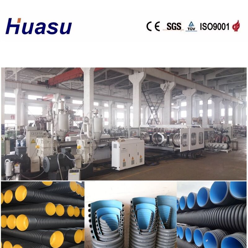 Linea di estrusione di tubi ondulati a doppia parete con una gamma di diametro del tubo da 32 a 1600 mm, capacità da 60 a 2000 kg/h e serbatoio di raffreddamento ad acqua